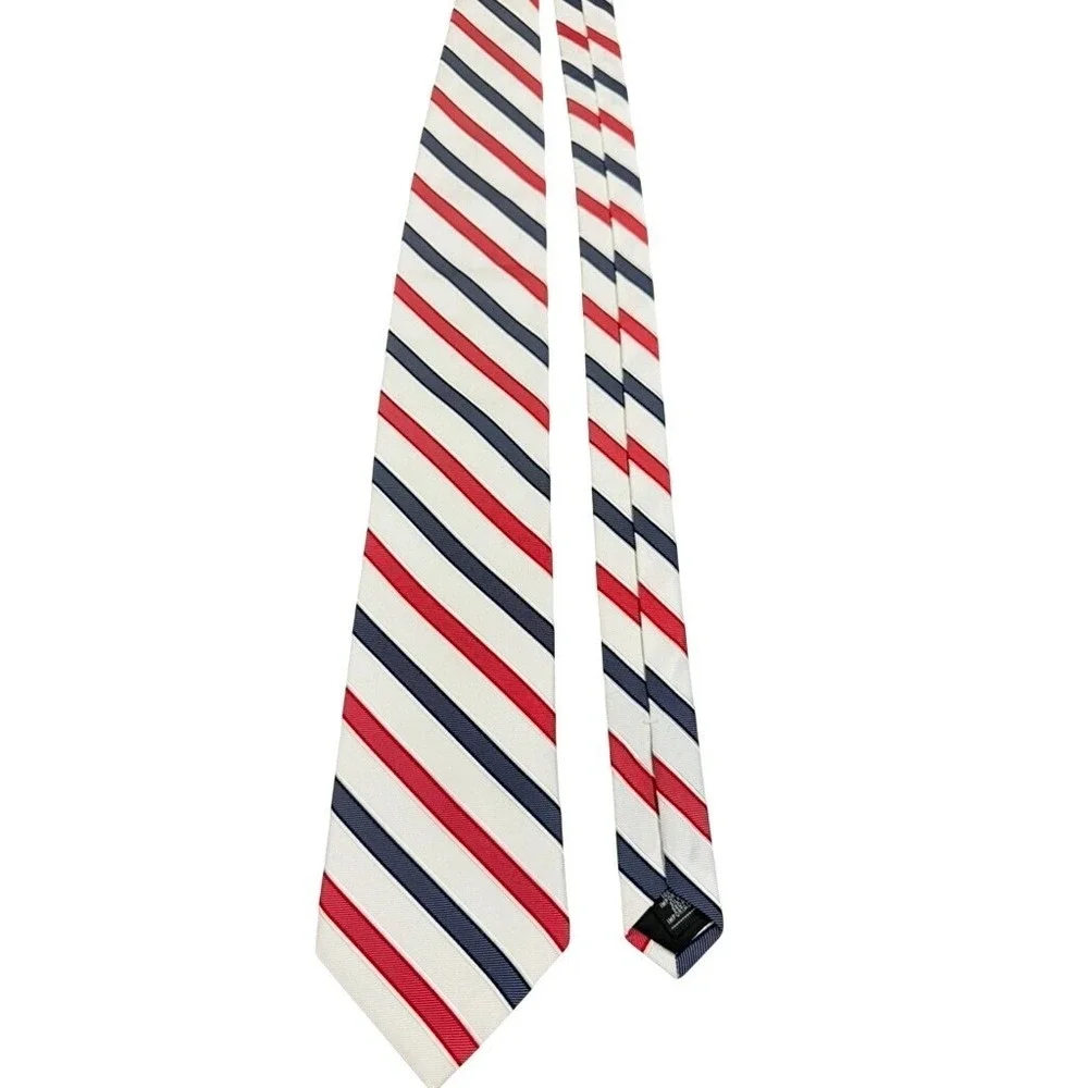 Don Loper Beverly Hills Mens Red White Navy Blue Striped 100%‎ Silk Necktie USA!